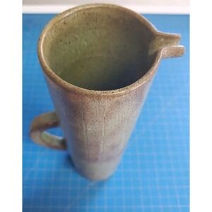 Vintage Signed Drip Green Glaze Studio Pottery Pitcher Bamboo Handle